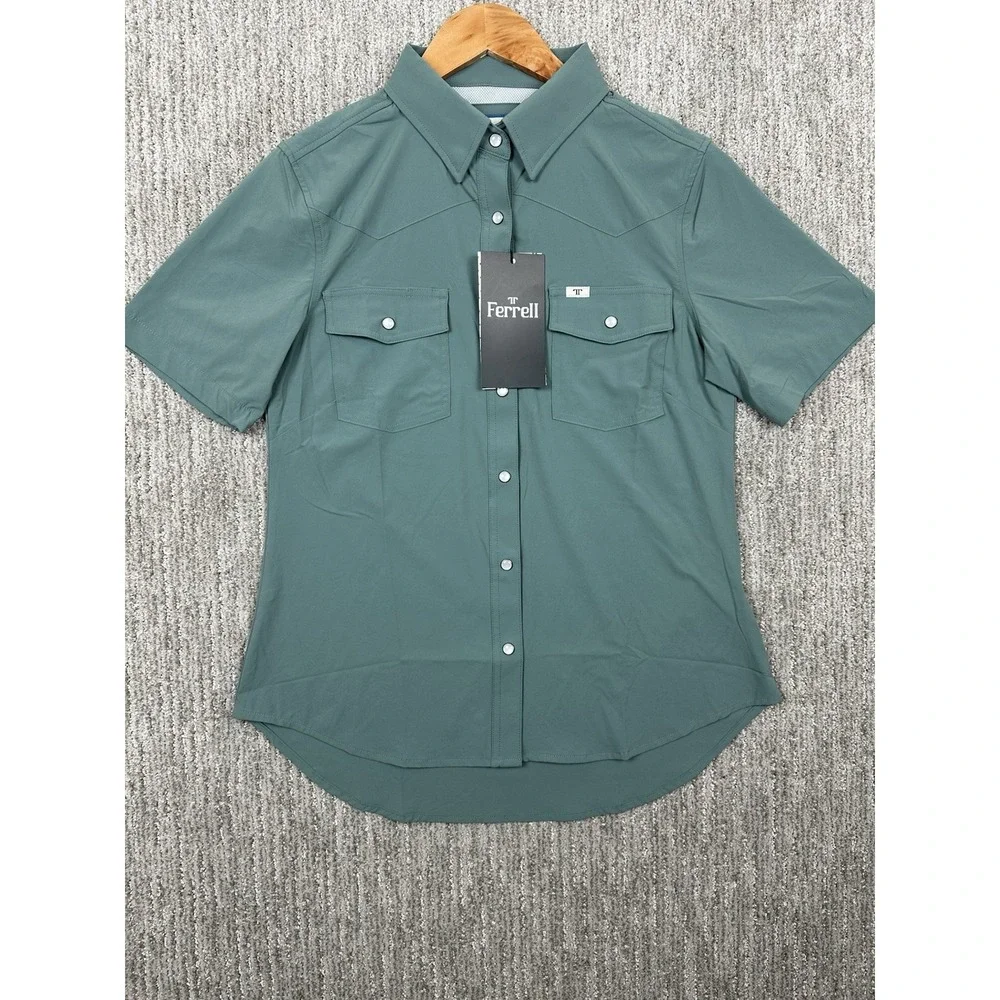 Ferrell Brand Western Pearl Snap Shirt Women's Small Aqua Short Sleeve NWT Ranch